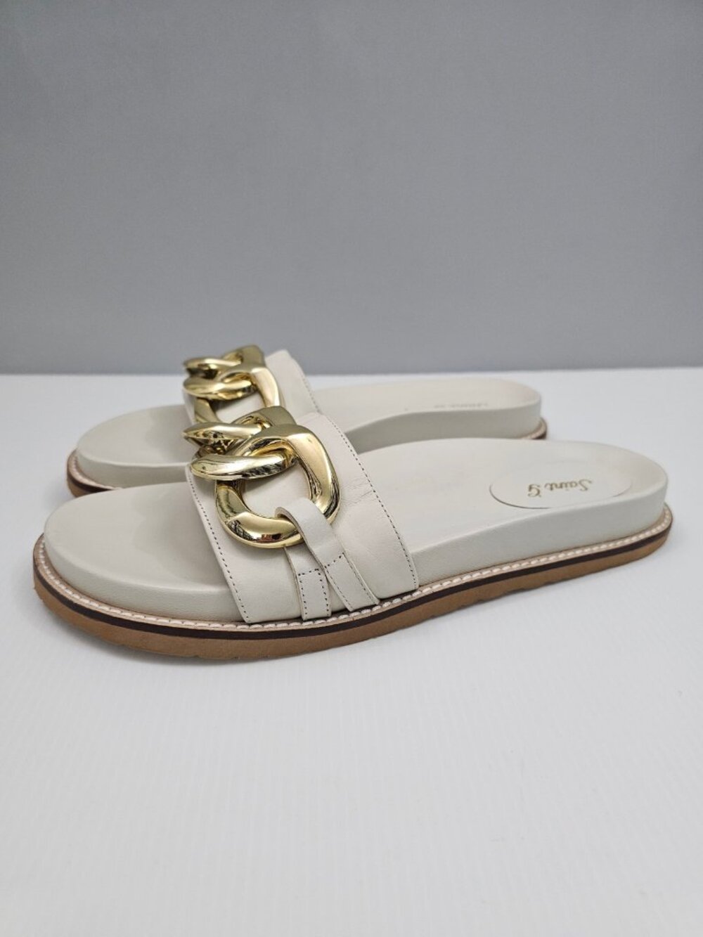 Saint G Keira Flat Slide Sandal Womens 11 Off White Leather Gold Chain Slip On